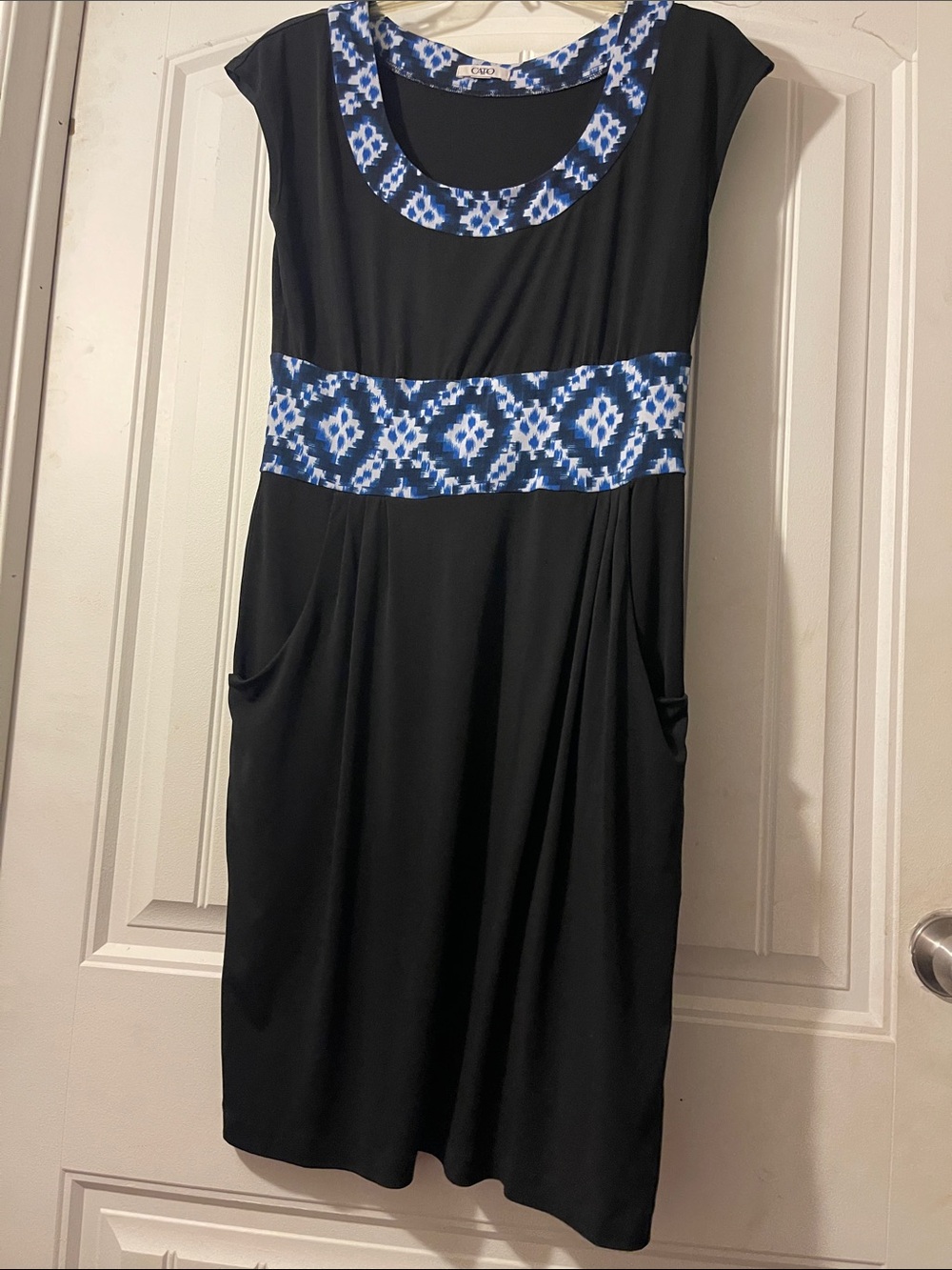Cato Black Midi Dress with Blue & White Patterned Trim
